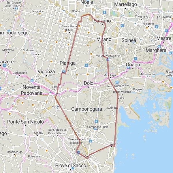 Mapa miniatúra "Cyklotrasa cez Mirano, Mira Taglio, Vigonovo, Pianiga a Salzano" cyklistická inšpirácia v Veneto, Italy. Vygenerované cyklistickým plánovačom trás Tarmacs.app