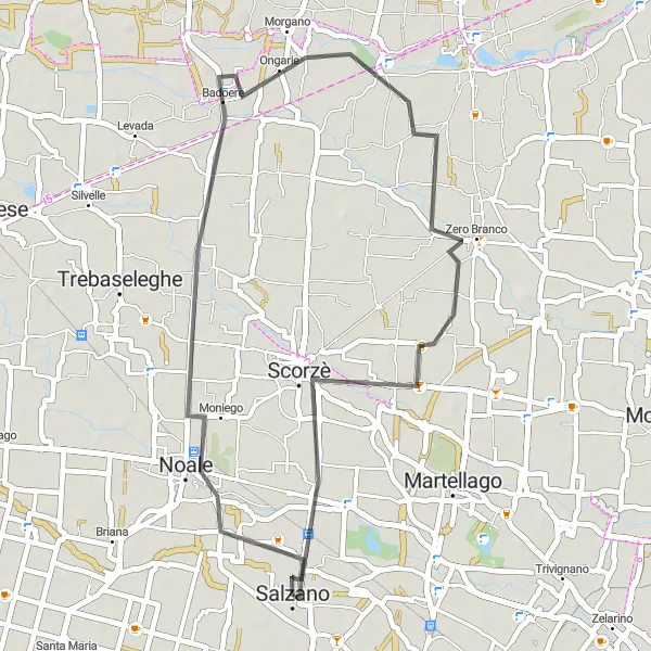 Kartminiatyr av "Landevei rute via Noale, Badoere, Scorzè og Salzano" sykkelinspirasjon i Veneto, Italy. Generert av Tarmacs.app sykkelrutoplanlegger
