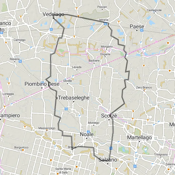 Miniatura della mappa di ispirazione al ciclismo "Giro in Bicicletta su Strada tra Piombino Dese e Scorzè" nella regione di Veneto, Italy. Generata da Tarmacs.app, pianificatore di rotte ciclistiche