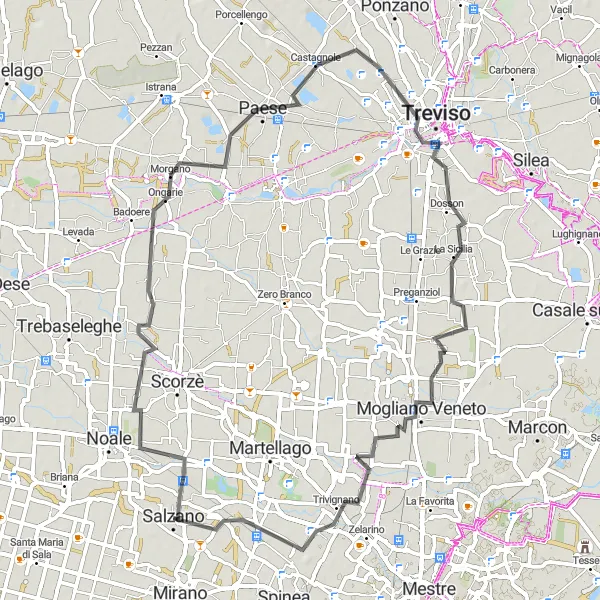 Miniaturekort af cykelinspirationen "Landevejscykelrute til Mogliano Veneto" i Veneto, Italy. Genereret af Tarmacs.app cykelruteplanlægger