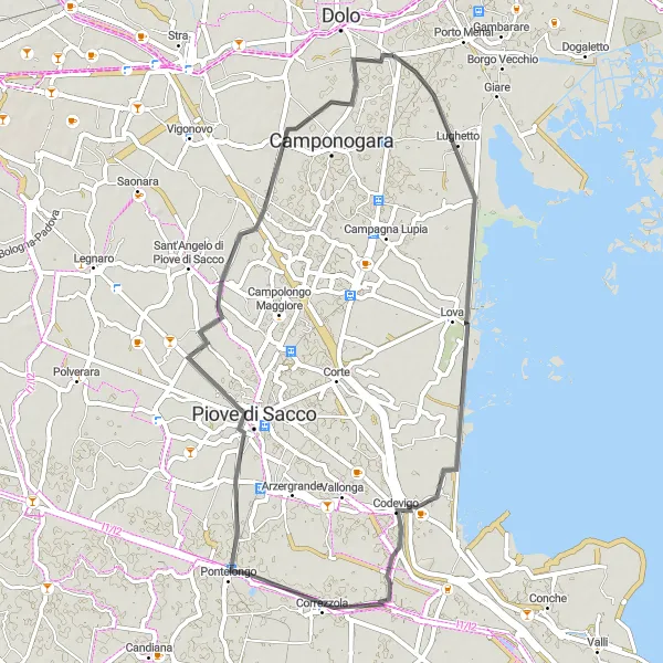 Miniatura della mappa di ispirazione al ciclismo "Passeggiata in bicicletta tra Codevigo e Sambruson" nella regione di Veneto, Italy. Generata da Tarmacs.app, pianificatore di rotte ciclistiche