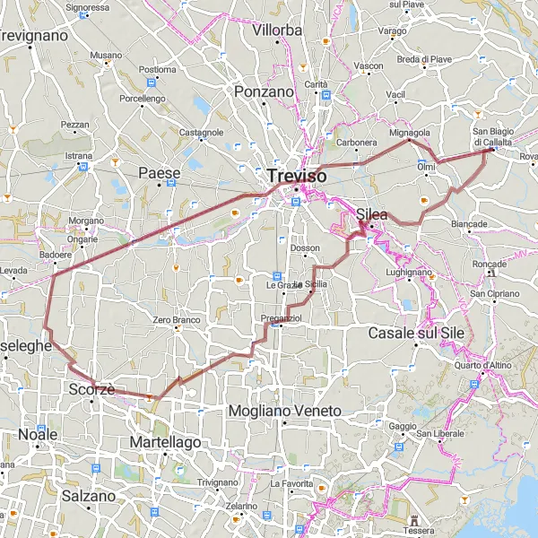 Miniatura della mappa di ispirazione al ciclismo "Tour in bicicletta su strade sterrate a Treviso" nella regione di Veneto, Italy. Generata da Tarmacs.app, pianificatore di rotte ciclistiche