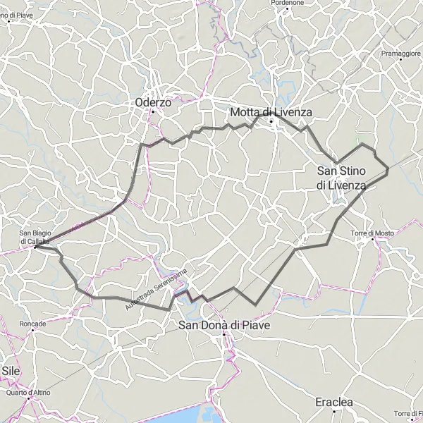 Miniatua del mapa de inspiración ciclista "Ruta de ciclismo de 75 km cerca de San Biagio di Callalta" en Veneto, Italy. Generado por Tarmacs.app planificador de rutas ciclistas