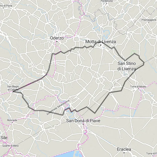 Miniatura della mappa di ispirazione al ciclismo "Ponte di Piave - Fossalta di Piave in bicicletta" nella regione di Veneto, Italy. Generata da Tarmacs.app, pianificatore di rotte ciclistiche