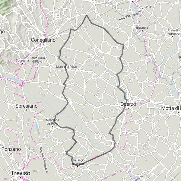 Mapa miniatúra "Okruhová cyklistická trasa od San Biagio di Callalta" cyklistická inšpirácia v Veneto, Italy. Vygenerované cyklistickým plánovačom trás Tarmacs.app