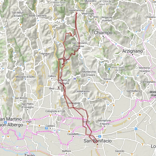Miniature de la carte de l'inspiration cycliste "Parcours à gravel autour de San Bonifacio" dans la Veneto, Italy. Générée par le planificateur d'itinéraire cycliste Tarmacs.app