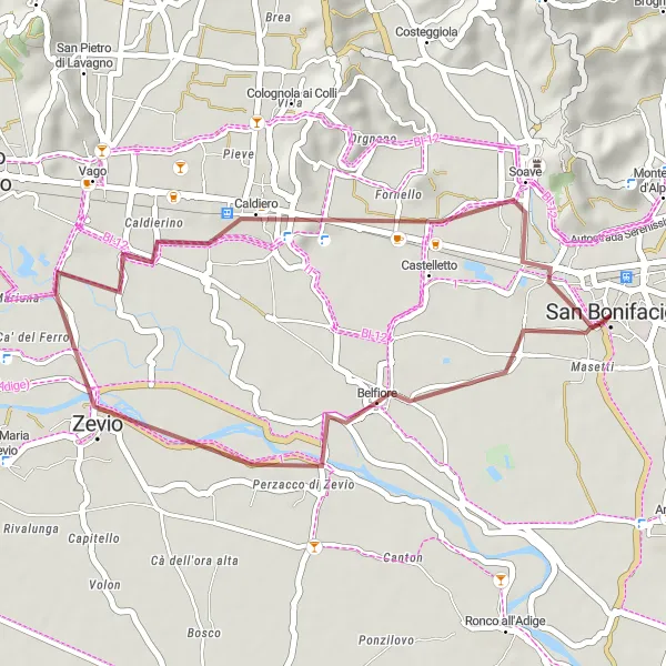 Miniatura mapy "Trasa Grawelowa Monte Gazzo" - trasy rowerowej w Veneto, Italy. Wygenerowane przez planer tras rowerowych Tarmacs.app