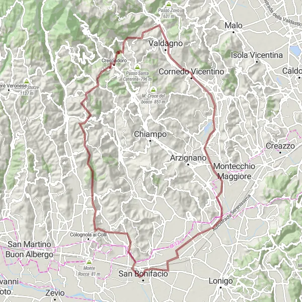 Miniature de la carte de l'inspiration cycliste "L'aventure gravelle loin de San Bonifacio" dans la Veneto, Italy. Générée par le planificateur d'itinéraire cycliste Tarmacs.app