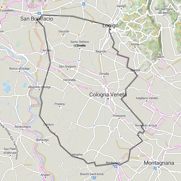 Miniature de la carte de l'inspiration cycliste "La Boucle des Villages Vénitiens" dans la Veneto, Italy. Générée par le planificateur d'itinéraire cycliste Tarmacs.app