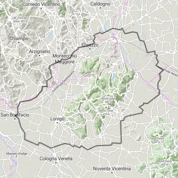 Karten-Miniaturansicht der Radinspiration "Die Berici-Rundfahrt" in Veneto, Italy. Erstellt vom Tarmacs.app-Routenplaner für Radtouren
