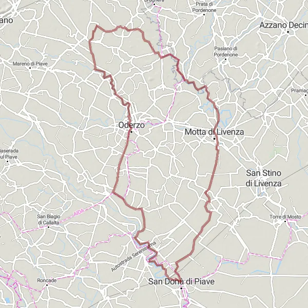 Kartminiatyr av "Lang Grusvei Sykkeltur gjennom Salgareda og Grassaga" sykkelinspirasjon i Veneto, Italy. Generert av Tarmacs.app sykkelrutoplanlegger
