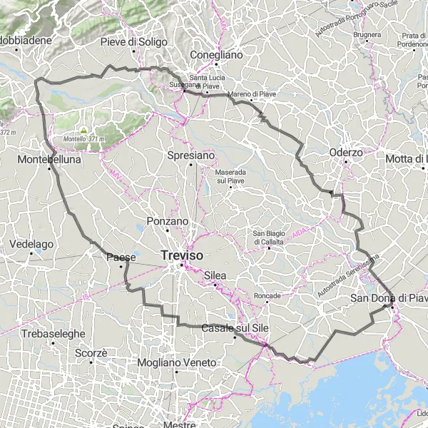 Map miniature of "The Piave River Loop" cycling inspiration in Veneto, Italy. Generated by Tarmacs.app cycling route planner