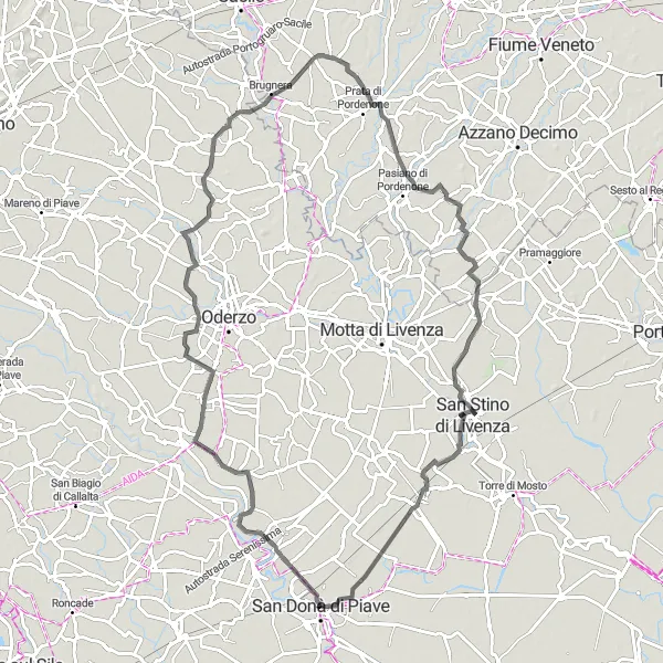 Miniatura della mappa di ispirazione al ciclismo "Giro in bicicletta verso Prata di Pordenone" nella regione di Veneto, Italy. Generata da Tarmacs.app, pianificatore di rotte ciclistiche