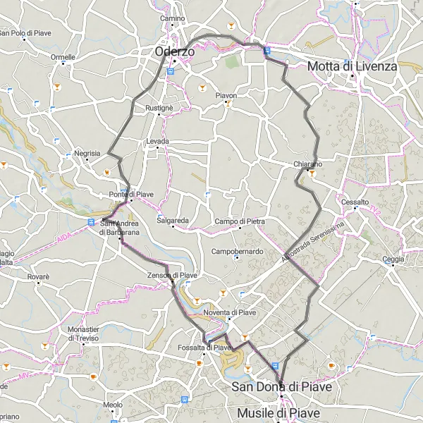 Miniature de la carte de l'inspiration cycliste "Escapade à vélo de route près de San Donà di Piave" dans la Veneto, Italy. Générée par le planificateur d'itinéraire cycliste Tarmacs.app