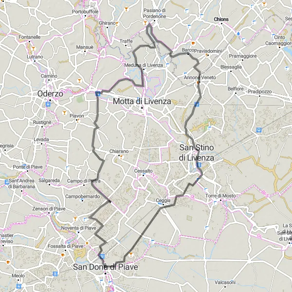 Kartminiatyr av "Belvedere til Calvecchia Rundtur" sykkelinspirasjon i Veneto, Italy. Generert av Tarmacs.app sykkelrutoplanlegger