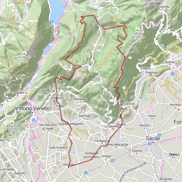 Zemljevid v pomanjšavi "Gravel kolesarska avantura skozi Monte Millifret" kolesarske inspiracije v Veneto, Italy. Generirano z načrtovalcem kolesarskih poti Tarmacs.app