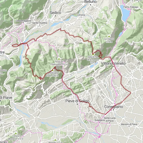 Mapa miniatúra "Gravel trasa Conegliano" cyklistická inšpirácia v Veneto, Italy. Vygenerované cyklistickým plánovačom trás Tarmacs.app