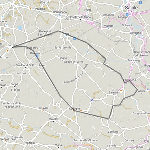 Map miniature of "San Fior di Sopra - Godega di Sant'Urbano - Gaiarine - San Fior" cycling inspiration in Veneto, Italy. Generated by Tarmacs.app cycling route planner