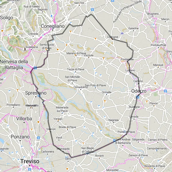 Mapa miniatúra "Okolo duchovného mesta San Fior di Sopra" cyklistická inšpirácia v Veneto, Italy. Vygenerované cyklistickým plánovačom trás Tarmacs.app