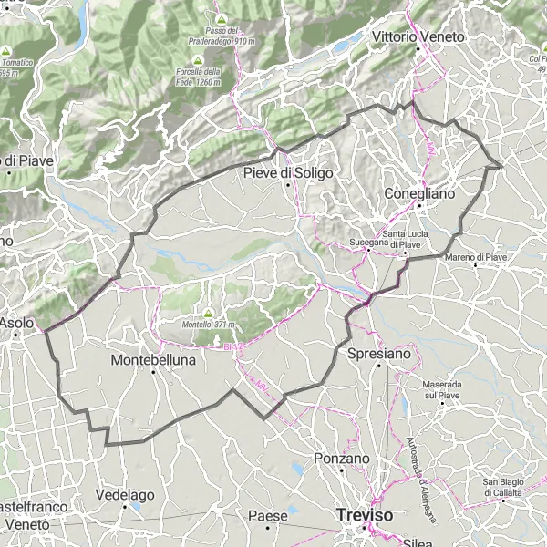 Mapa miniatúra "Trasa okolo Veneta" cyklistická inšpirácia v Veneto, Italy. Vygenerované cyklistickým plánovačom trás Tarmacs.app