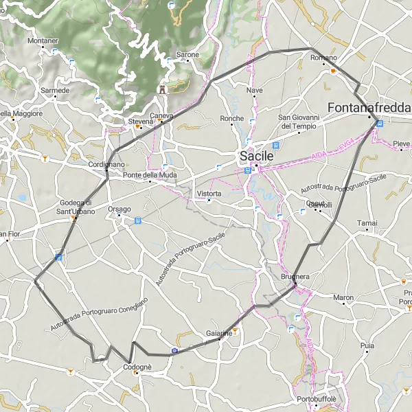 Mapa miniatúra "Cyklotrasa cez Cordignano a Gaiarine" cyklistická inšpirácia v Veneto, Italy. Vygenerované cyklistickým plánovačom trás Tarmacs.app