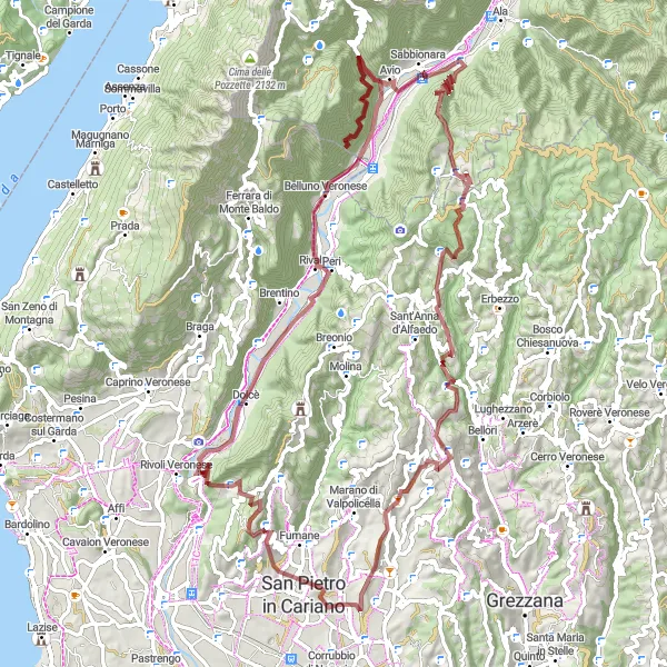 Zemljevid v pomanjšavi "San Floriano - Monte Rocca - Ceraino - Belluno Veronese - Vò Sinistro - Passo delle Fittanze della Sega - Monte Tesoro - Prun" kolesarske inspiracije v Veneto, Italy. Generirano z načrtovalcem kolesarskih poti Tarmacs.app