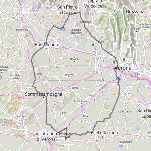 Map miniature of "The Wine Route" cycling inspiration in Veneto, Italy. Generated by Tarmacs.app cycling route planner