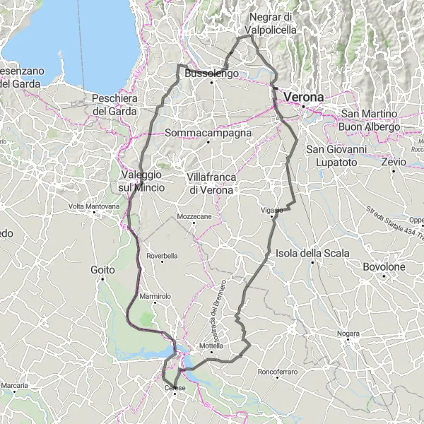 Zemljevid v pomanjšavi "Kolesarska tura po podeželju z okusom Gardaland-a" kolesarske inspiracije v Veneto, Italy. Generirano z načrtovalcem kolesarskih poti Tarmacs.app