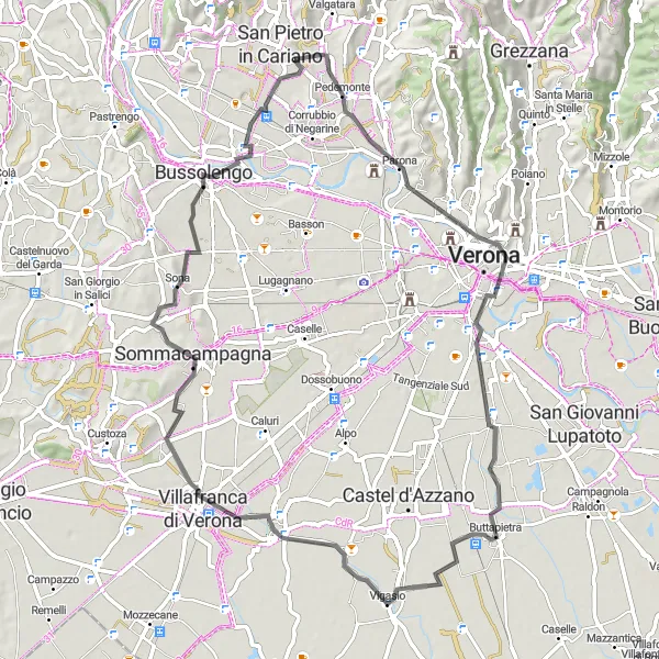 Map miniature of "Through the Vineyards and Historic Towns" cycling inspiration in Veneto, Italy. Generated by Tarmacs.app cycling route planner