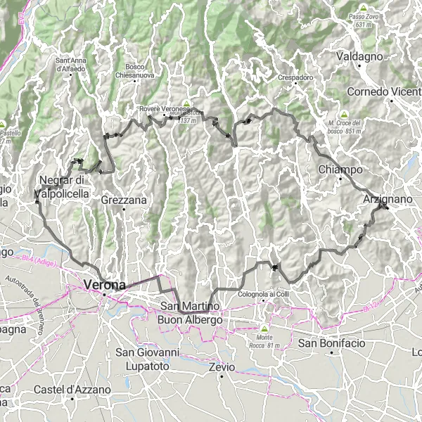 Miniaturní mapa "Cyklotrasa Negrar di Valpolicella - Monte Tenda" inspirace pro cyklisty v oblasti Veneto, Italy. Vytvořeno pomocí plánovače tras Tarmacs.app