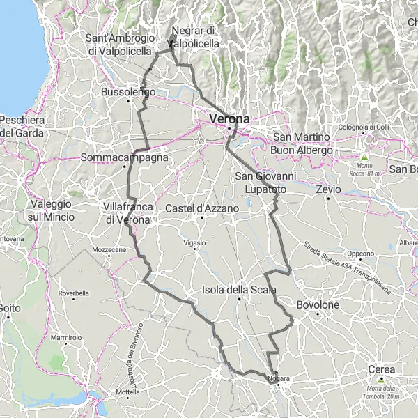 Mapa miniatúra "Historický výlet cez Veronskú krajinu" cyklistická inšpirácia v Veneto, Italy. Vygenerované cyklistickým plánovačom trás Tarmacs.app