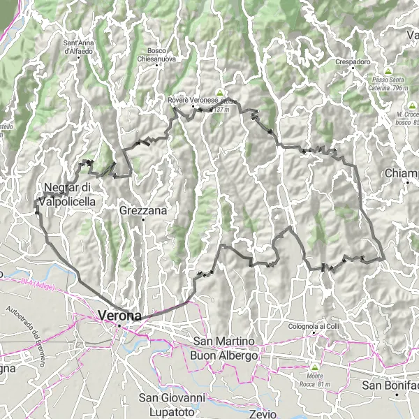 Map miniature of "The Valpolicella Epic Road Route" cycling inspiration in Veneto, Italy. Generated by Tarmacs.app cycling route planner