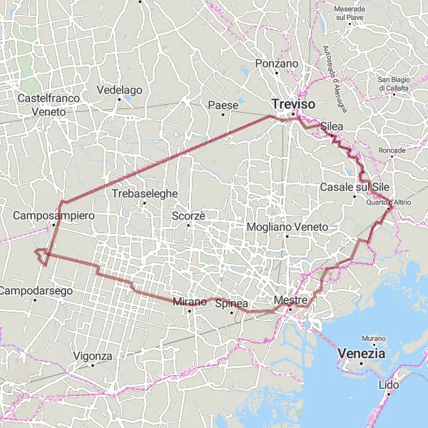 Zemljevid v pomanjšavi "Pisana pot med mesteci v deželi Veneto" kolesarske inspiracije v Veneto, Italy. Generirano z načrtovalcem kolesarskih poti Tarmacs.app