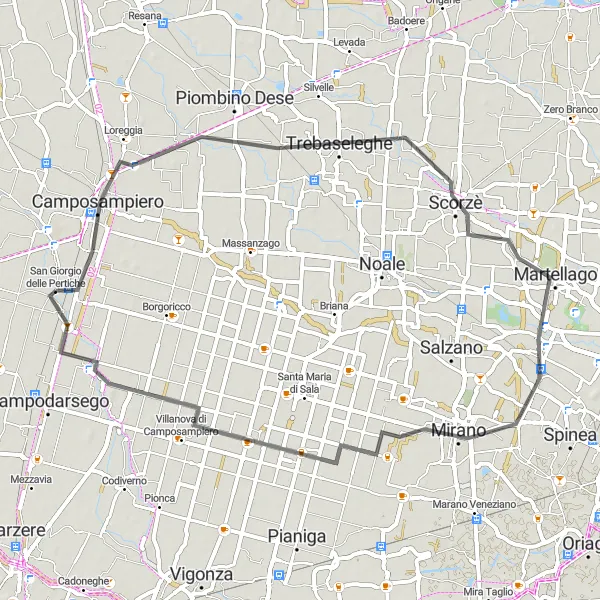 Map miniature of "Countryside Joy of Loreggia" cycling inspiration in Veneto, Italy. Generated by Tarmacs.app cycling route planner