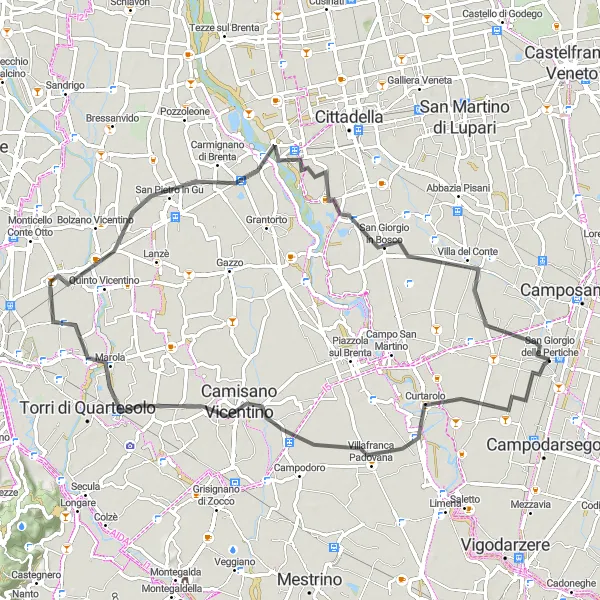 Miniature de la carte de l'inspiration cycliste "Tour de Villafranca Padovana et Camisano Vicentino" dans la Veneto, Italy. Générée par le planificateur d'itinéraire cycliste Tarmacs.app