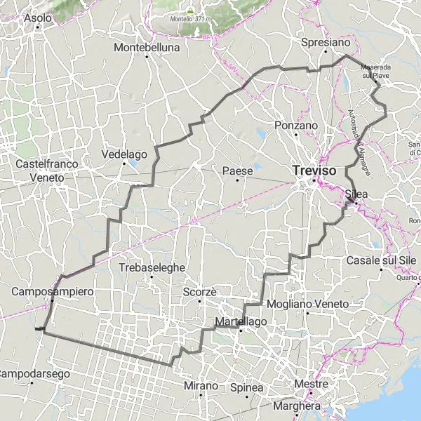 Mapa miniatúra "Cestná cyklotrasa okolo San Giorgia delle Pertiche" cyklistická inšpirácia v Veneto, Italy. Vygenerované cyklistickým plánovačom trás Tarmacs.app