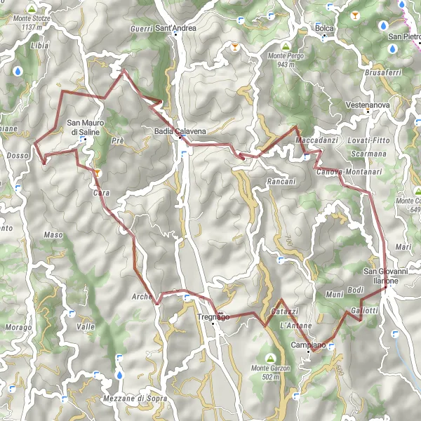 Map miniature of "The Gravel Adventure through the Hills of Veneto" cycling inspiration in Veneto, Italy. Generated by Tarmacs.app cycling route planner
