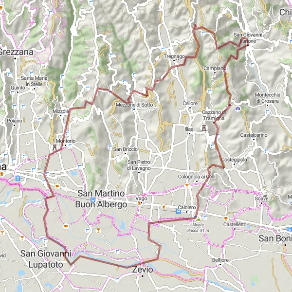 Map miniature of "Monte Bastia Gravel Ride" cycling inspiration in Veneto, Italy. Generated by Tarmacs.app cycling route planner