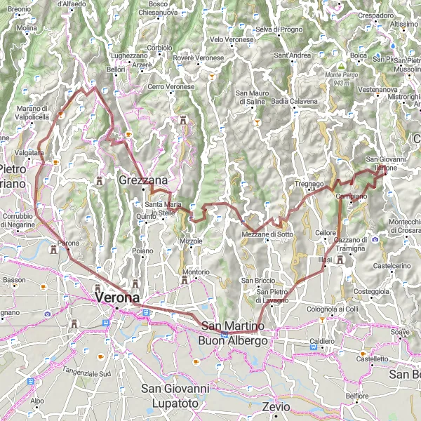 Map miniature of "Ultimate Gravel Challenge: San Giovanni Ilarione Loop" cycling inspiration in Veneto, Italy. Generated by Tarmacs.app cycling route planner
