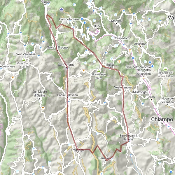Karten-Miniaturansicht der Radinspiration "Rundkurs über Monte Serea und Monte Sabbionara" in Veneto, Italy. Erstellt vom Tarmacs.app-Routenplaner für Radtouren