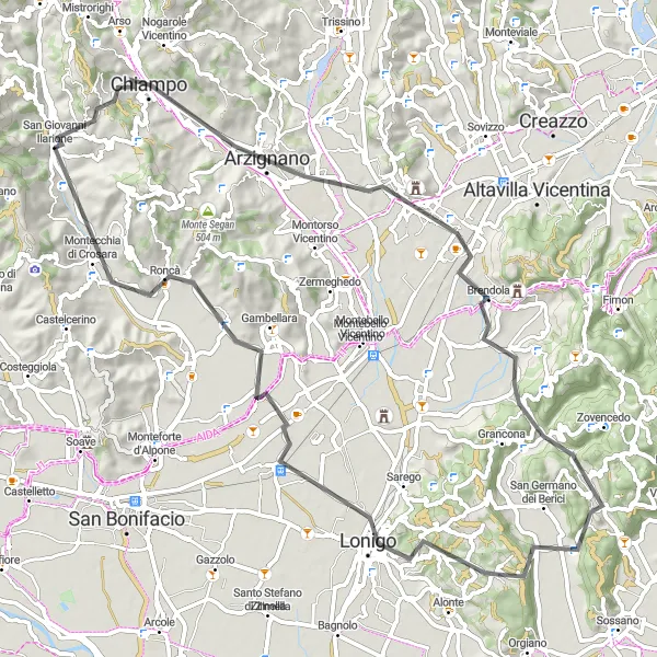 Karten-Miniaturansicht der Radinspiration "Gemütliche Rundfahrt über Passo Vignaga und Gambellara" in Veneto, Italy. Erstellt vom Tarmacs.app-Routenplaner für Radtouren