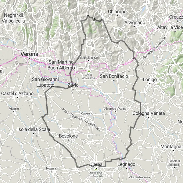 Karten-Miniaturansicht der Radinspiration "Epische Rundstrecke über Monte Duello und Cerea" in Veneto, Italy. Erstellt vom Tarmacs.app-Routenplaner für Radtouren