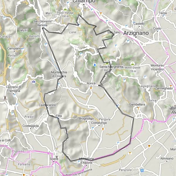 Map miniature of "San Giovanni Ilarione - Monte Madarosa - San Zeno - Monteforte d'Alpone Loop" cycling inspiration in Veneto, Italy. Generated by Tarmacs.app cycling route planner