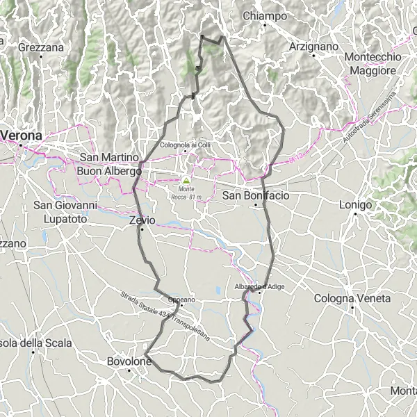 Map miniature of "San Giovanni Ilarione - San Bonifacio - Roverchiara - Oppeano - Cazzano di Tramigna Loop" cycling inspiration in Veneto, Italy. Generated by Tarmacs.app cycling route planner
