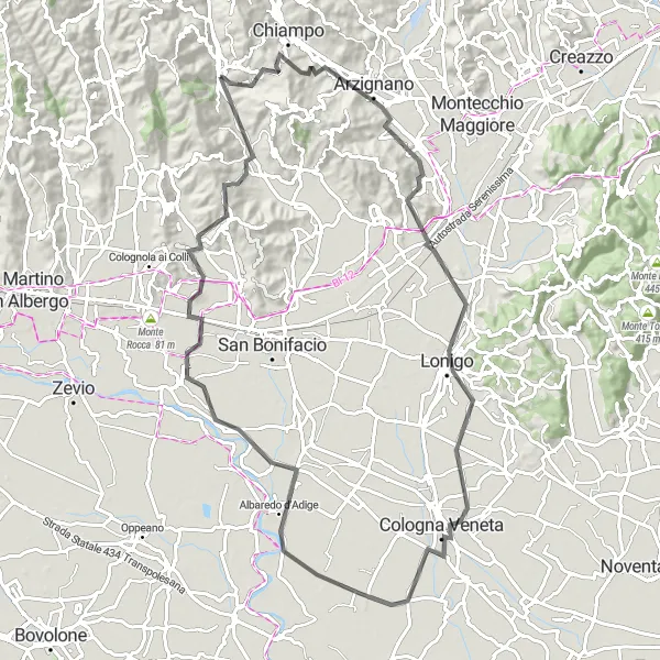 Map miniature of "Monte Madarosa and Altopiano di Lonigo Loop" cycling inspiration in Veneto, Italy. Generated by Tarmacs.app cycling route planner