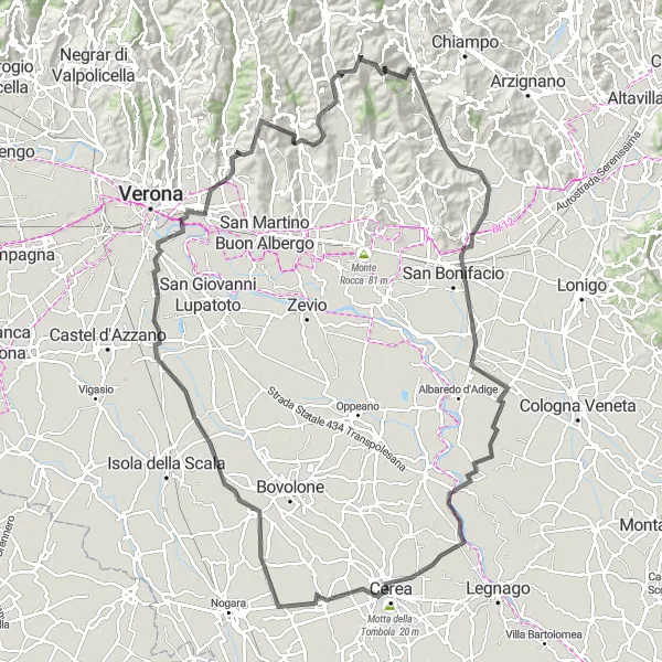 Map miniature of "San Bonifacio to Montorio Scenic Loop" cycling inspiration in Veneto, Italy. Generated by Tarmacs.app cycling route planner