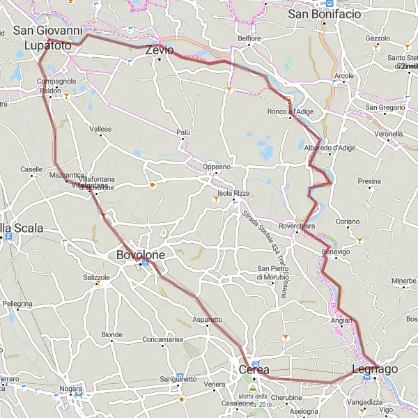 Miniature de la carte de l'inspiration cycliste "Aventure gravel autour de San Giovanni Lupatoto" dans la Veneto, Italy. Générée par le planificateur d'itinéraire cycliste Tarmacs.app