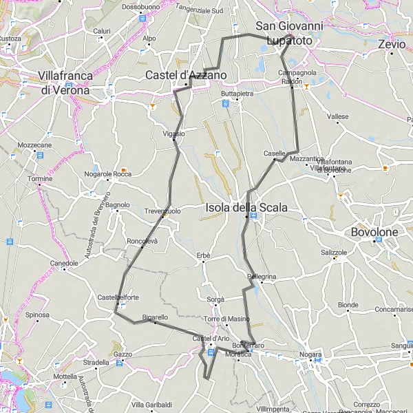 Miniatua del mapa de inspiración ciclista "Vuelta en carretera a Isola della Scala" en Veneto, Italy. Generado por Tarmacs.app planificador de rutas ciclistas