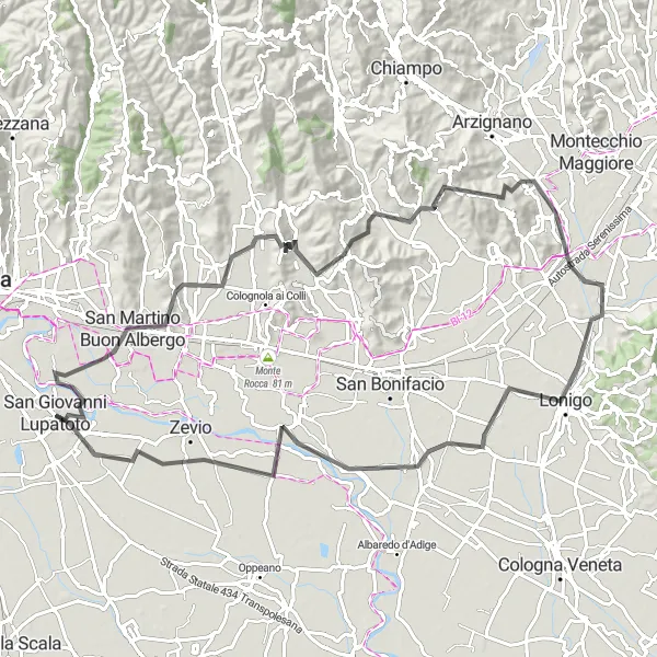 Map miniature of "San Martino Buon Albergo Road Circuit" cycling inspiration in Veneto, Italy. Generated by Tarmacs.app cycling route planner