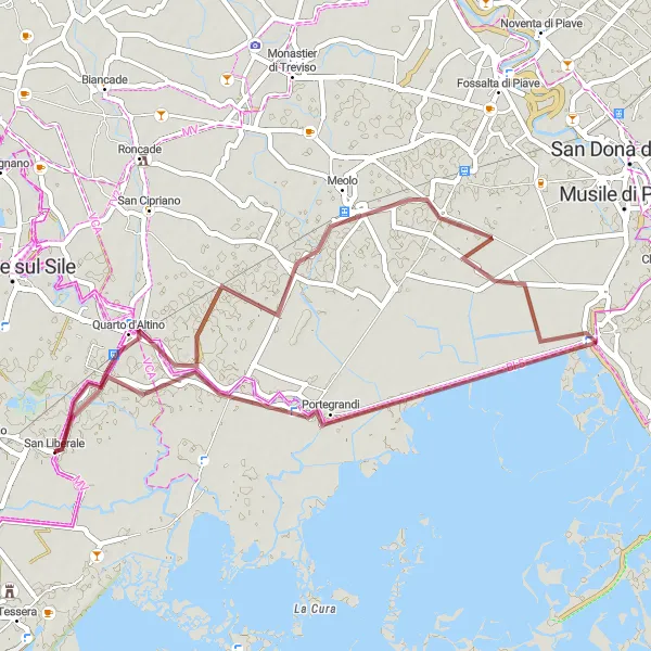 Miniatura della mappa di ispirazione al ciclismo "Strade bianche di Marcon" nella regione di Veneto, Italy. Generata da Tarmacs.app, pianificatore di rotte ciclistiche